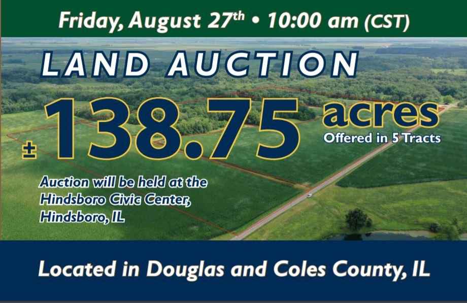 138.75 Acres offered in 5 Tracts, Douglas and Coles County IL. Farm